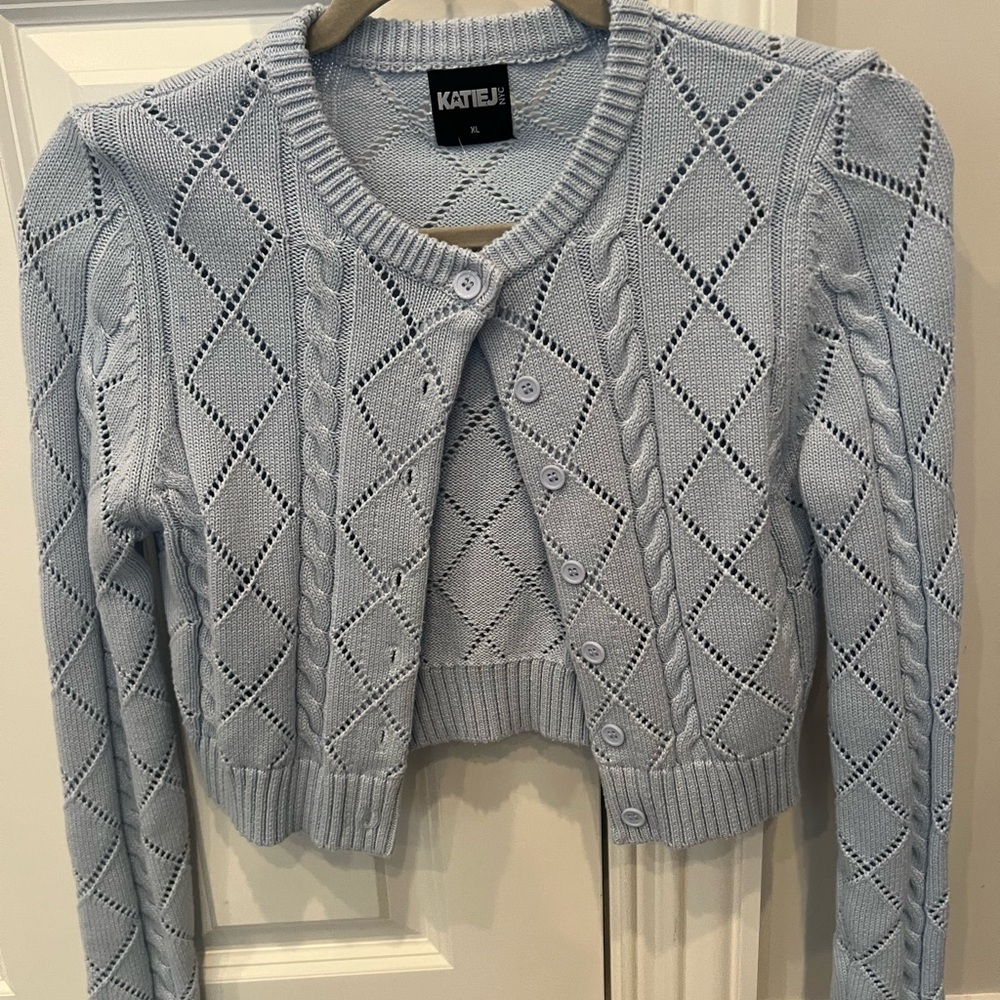 Katie J NYC Light Blue Diamond Pointelle Cropped Cardigan
